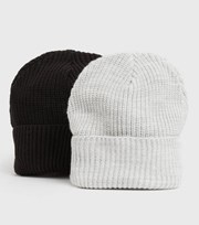 New Look 2 Pack Black and Grey Ribbed Fisherman Beanies
